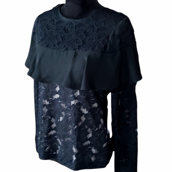 NWT Ivanka Trump Black Lace Ruffle Trim Blouse - Picture 3 of 7